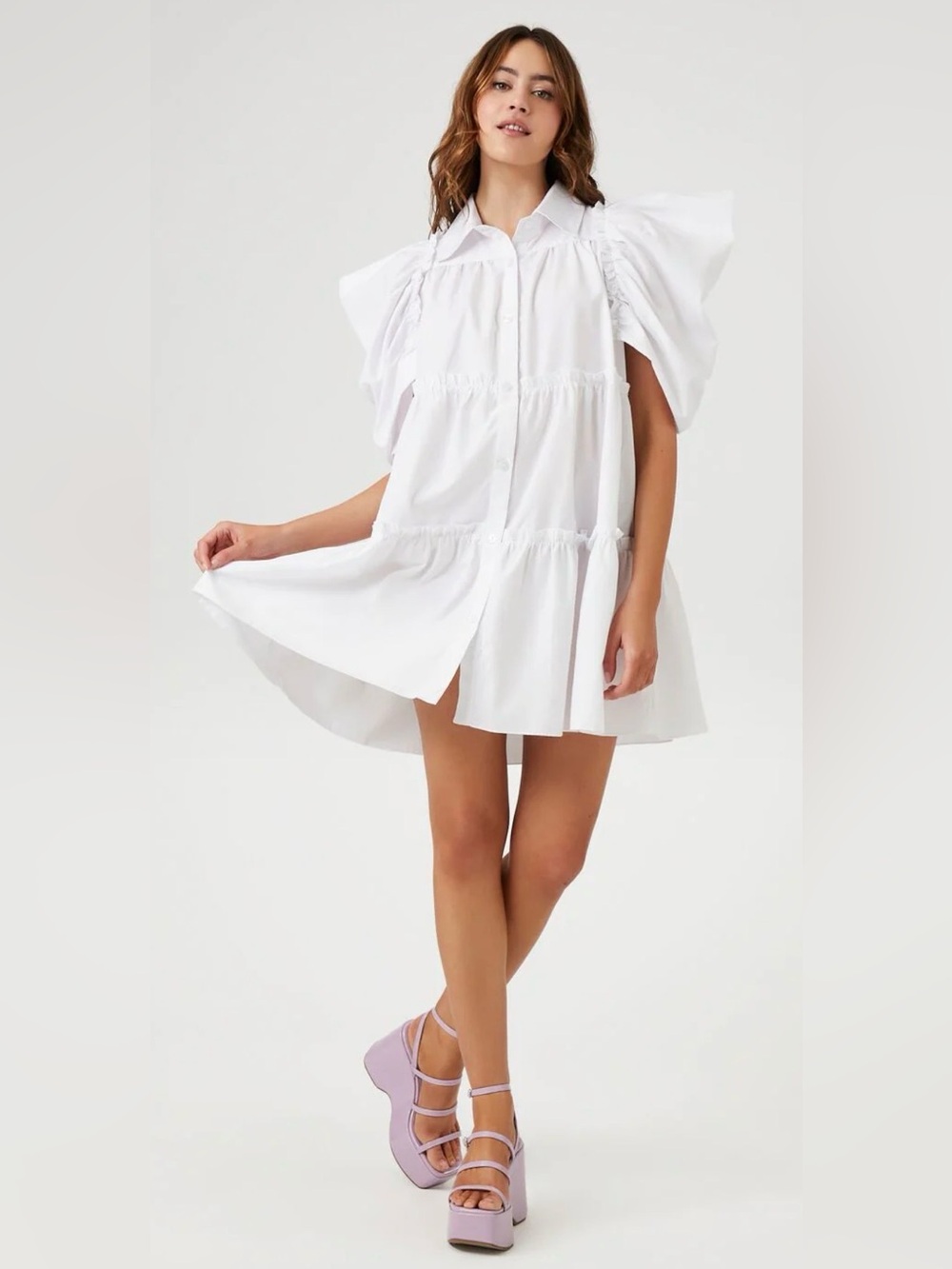 White Puff-Sleeve Tiered Button-Front Dress